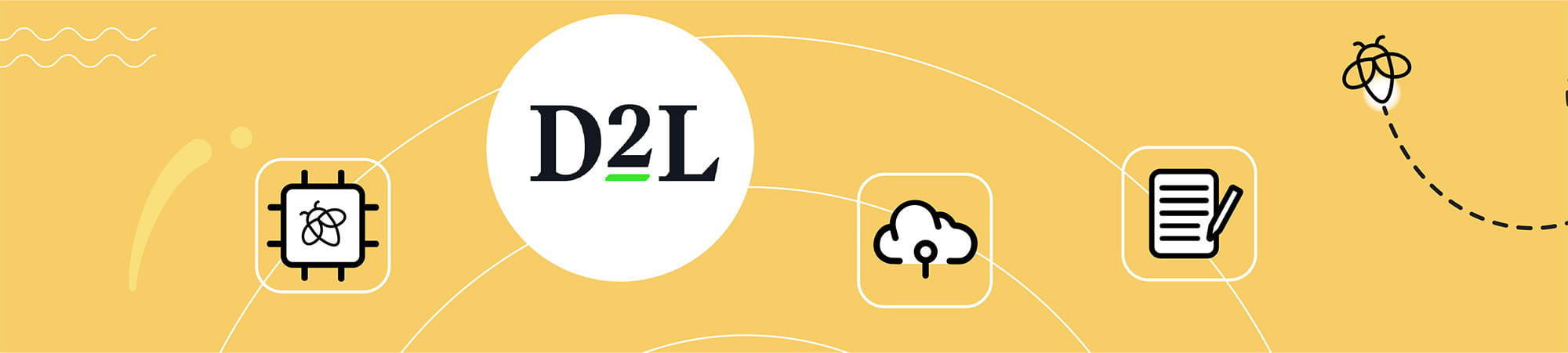D2L and Lumio ecosystem integration banner with a yellow background, featuring icons of a microchip, cloud storage, and digital notepad, along with a firefly illustration.