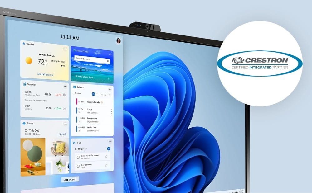 A close-up of a digital SMART board with a user interface featuring various productivity widgets, alongside a Crestron Certified Integrated Partner logo.