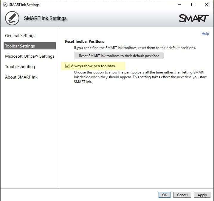 Screenshot of SMART Ink's toolbar settings showing the option to always display pen toolbars and reset toolbar positions to their default settings.