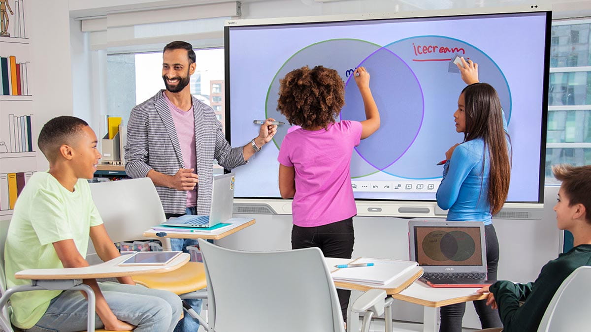Teacher and students using a SMART Board RX series with iQ 4 for collaborative learning on Venn diagrams in a classroom.