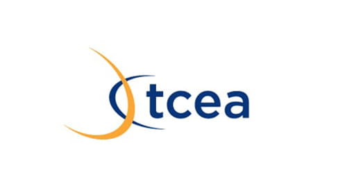 TCEA logo featuring a curved yellow arc alongside blue text.