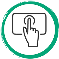 Okrągły obraz przedstawiający palec wskazujący w górę na monitor.