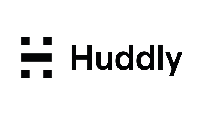 Logo of Huddly with black typography and abstract shapes symbolizing innovation.
