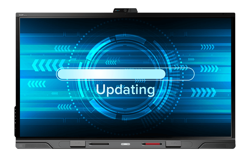 A SMART Board display screen showing a stylized update interface with a progress bar indicating an ongoing update process.