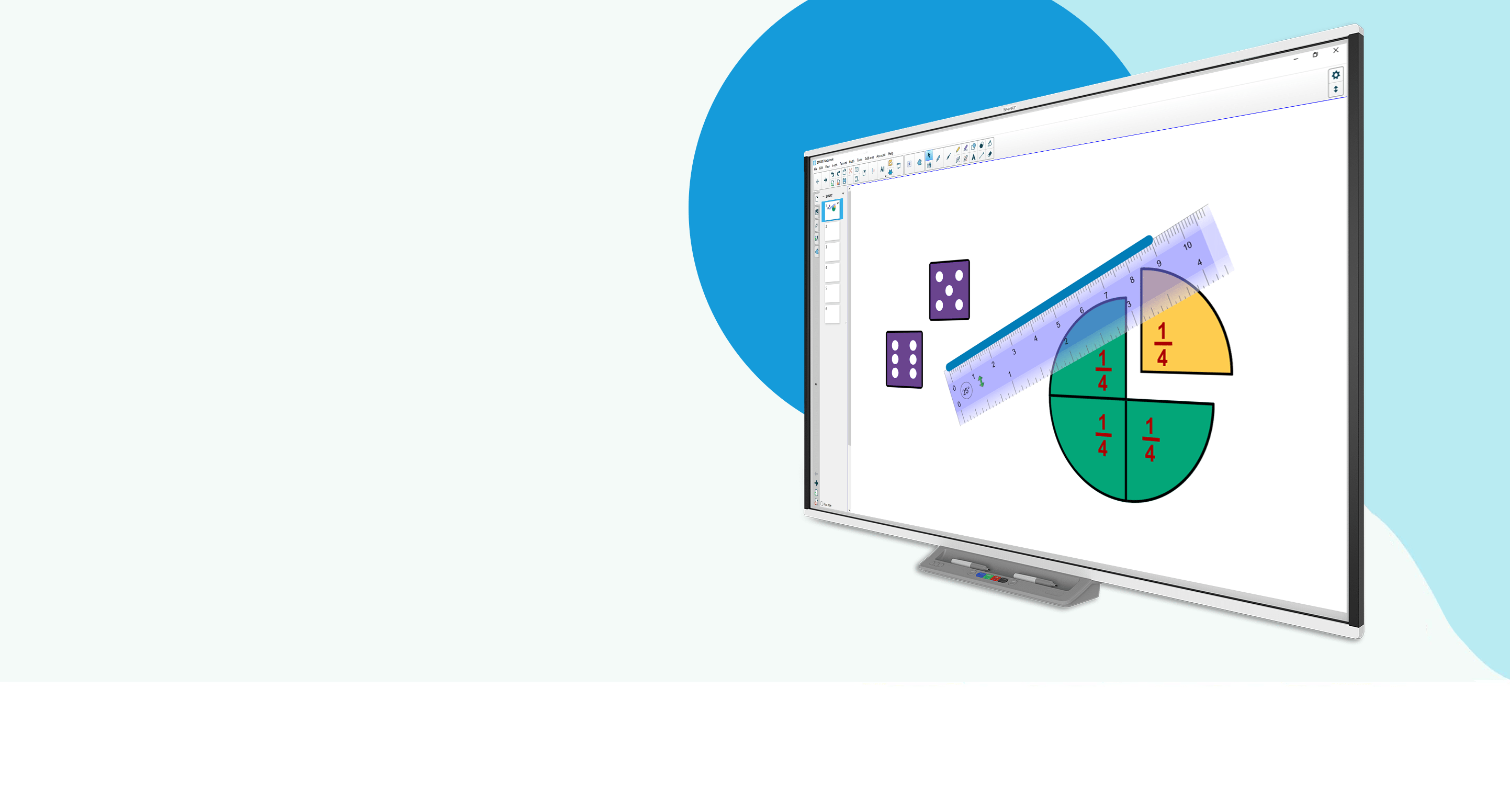 Promotional image of the SMART Board interactive whiteboard, displaying educational tools such as dice, a ruler, and a pie chart on screen.