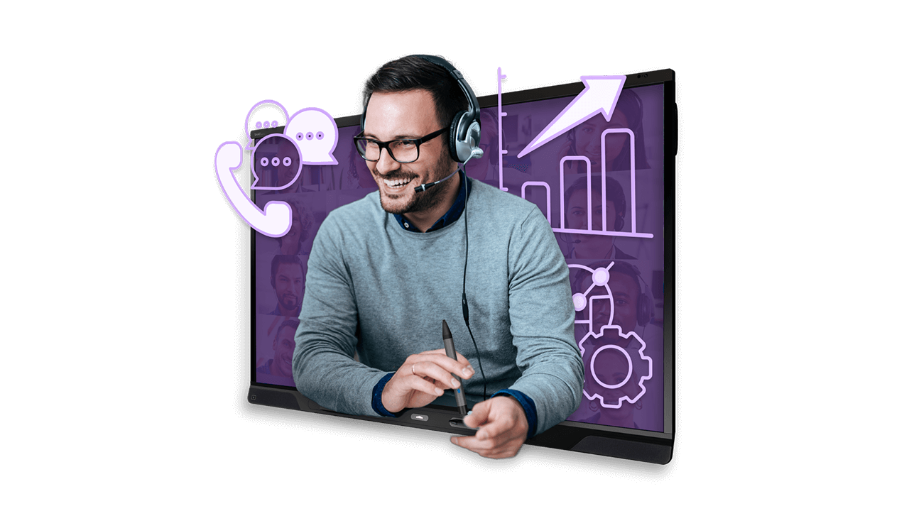 Man smiling with a headset on getting support while inset in a SMART Board