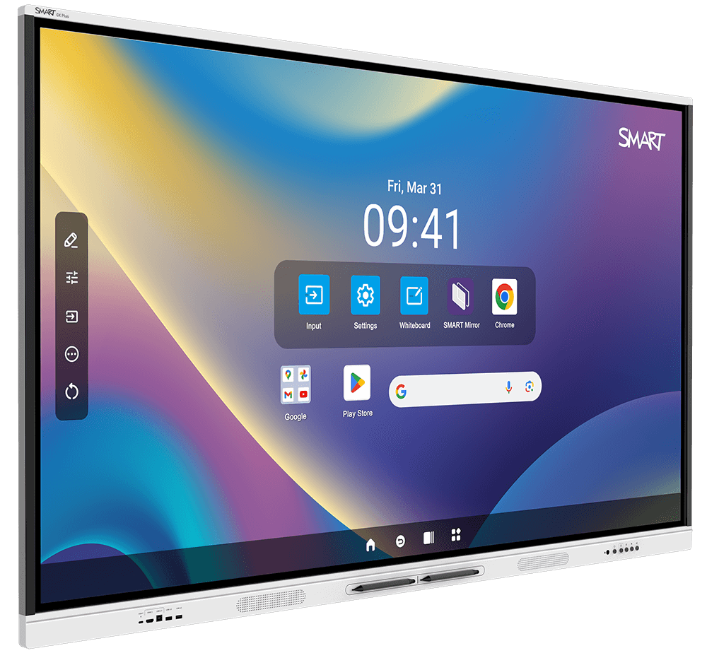 Angled view of the SMART Board GX Plus series with an interactive home screen.