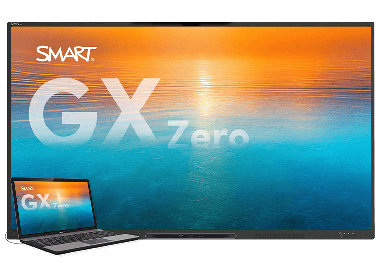 The SMART Board GX Zero series display, paired with a laptop, both showcasing a radiant sunset wallpaper.