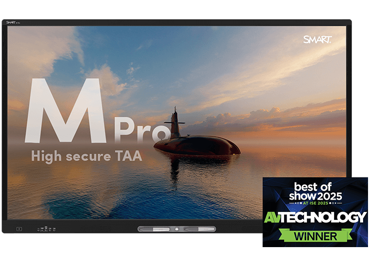 The M Pro high secure series TAA interactive display, showcasing a stunning sunset scene with a submarine in calm ocean waters.