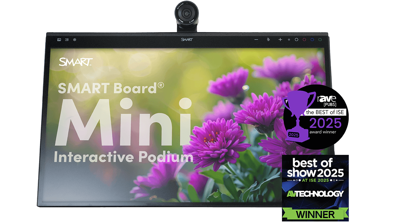Front view of the SMART Board Mini Interactive Podium featuring purple flowers and the AV Technology award for Best of Show 2025 and the rAVe Pub award for Best of ISE 2025.