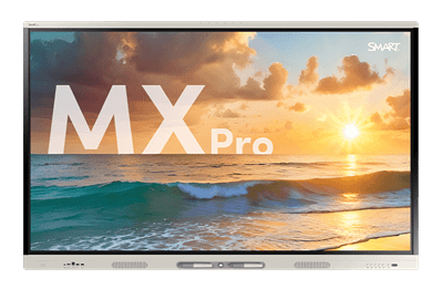 The SMART Board MX Pro display, showing a serene beach sunset scene.
