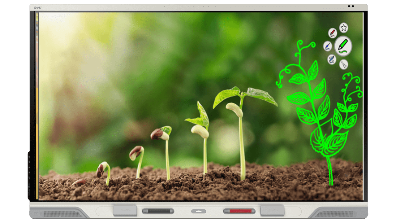 SMART Board RX series showing a growth sequence of a plant from seedling to young plant, with green digital drawings extending from the leaves.